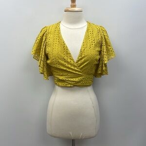 Zara Embroidered Eyelet Flutter Sleeve V-Neck Crop Wrap Shirt Boho Yellow Small